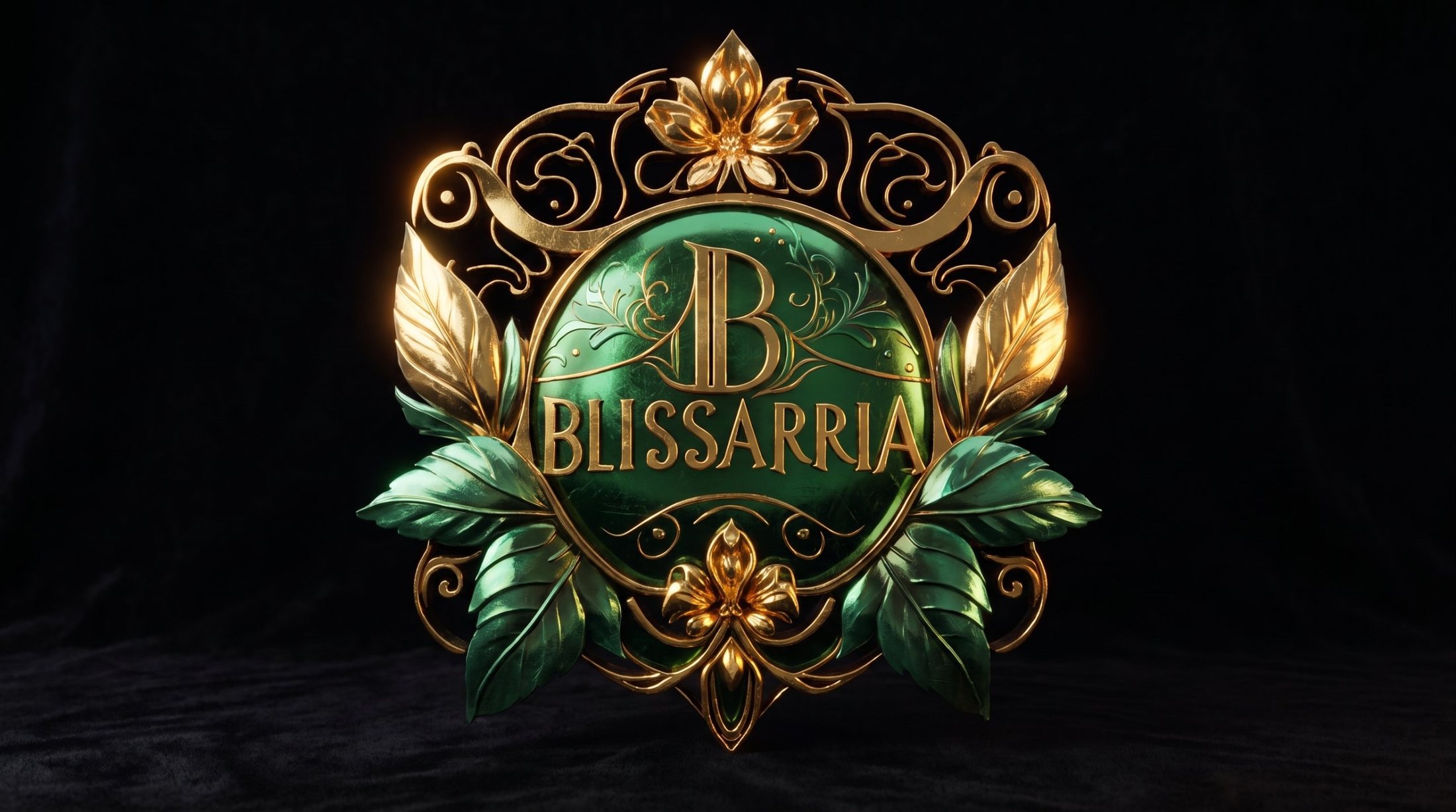 The Blissarria emblem: an emerald jewel framed by gold filigree, flowers and leaves